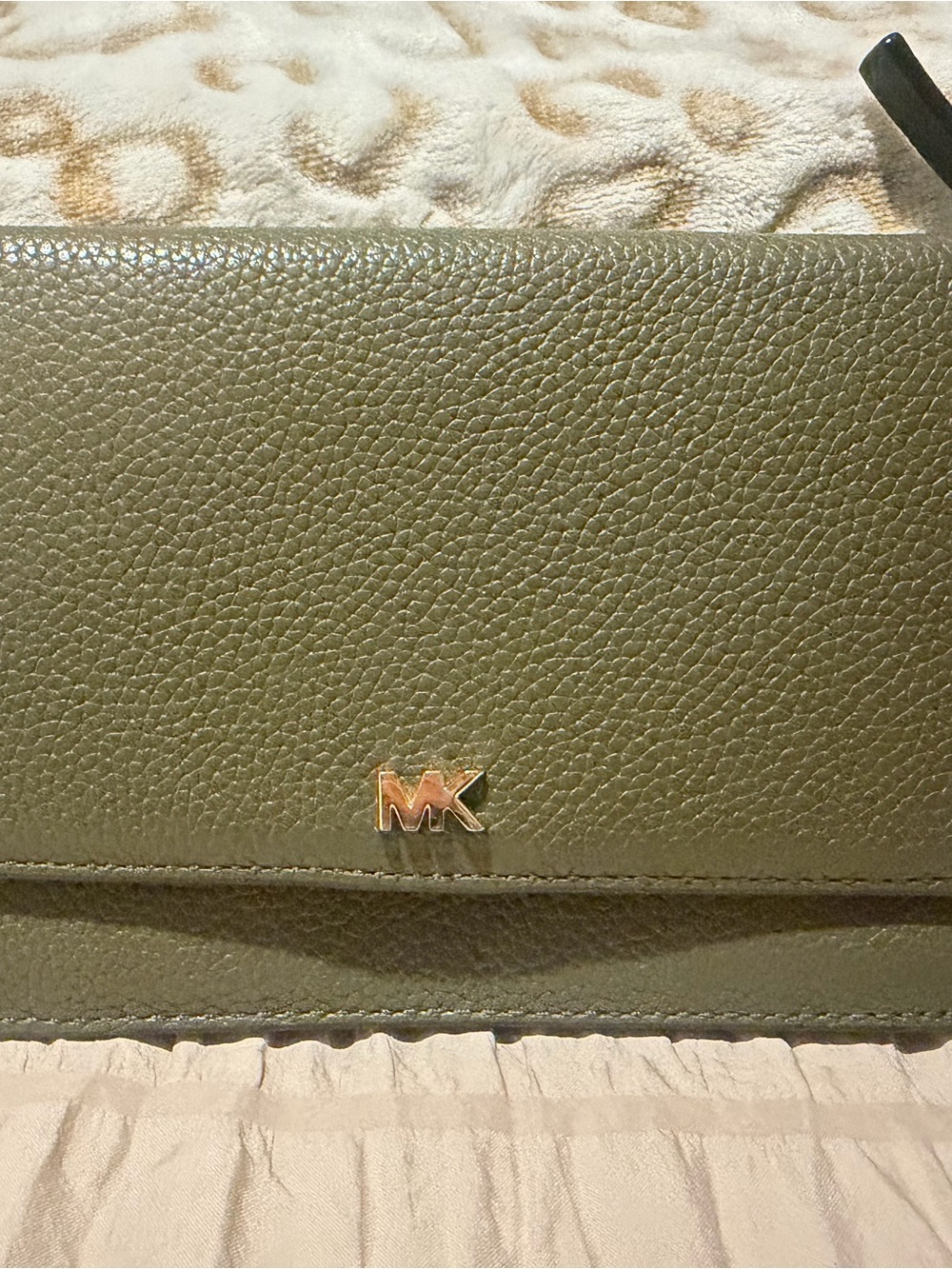 Michael Kors Olive Pebbled Leather Wallet with Gold MK Logo